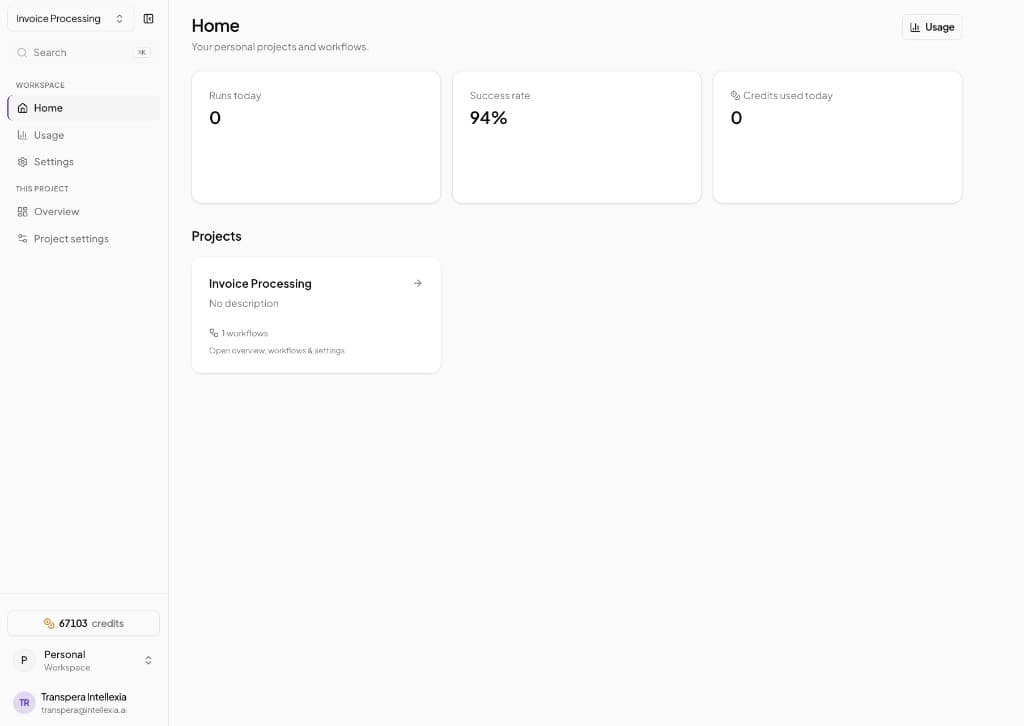 Transpera Workflows home dashboard